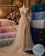 Load image into Gallery viewer, Pearl Beaded Teal Mesh Fabric by Yard, Glitter Tulle for Bridal Gowns, Prom Dresses, Veils &amp; Event Decor
