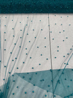 Load image into Gallery viewer, Pearl Beaded Teal Mesh Fabric by Yard, Glitter Tulle for Bridal Gowns, Prom Dresses, Veils &amp; Event Decor
