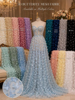 Load image into Gallery viewer, Blue 3D Butterfly Satin Lace Fabric – Embroidered Mesh Lace by the Yard for Bridal, Prom Dresses &amp; Couture Designs
