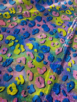 Load image into Gallery viewer, Holographic Rainbow Leopard Print Fabric — Iridescent Spandex Stretch, Sold by the Yard, Festival &amp; Cosplay Fabric, Rave Wear, Dance Costume
