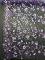 Load image into Gallery viewer, 3D Floral Lace Fabric – Lavender Embroidered Mesh Appliqué Flowers for Prom Dresses, Evening Gowns, Bridal
