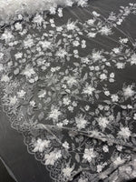 Load image into Gallery viewer, 3D Floral Lace Fabric – White Embroidered Mesh Appliqué Flowers for Prom Dresses, Evening Gowns, Bridal
