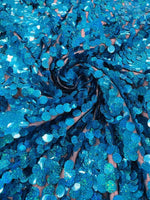 Load image into Gallery viewer, Turquoise Blue Holographic Sequin Fabric on Mesh — Petal, Sold by the Yard, Bridal &amp; Evening Gown Fabric, Costume, Drag, Pageant Material
