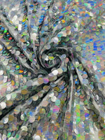 Load image into Gallery viewer, Silver Lazer Sequin Fabric on Mesh — Petal, Sold by the Yard, Bridal &amp; Evening Gown Fabric, Costume, Drag, Pageant Material
