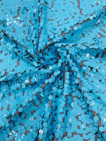 Load image into Gallery viewer, Aqua Sequin Fabric on Mesh — Petal, Sold by the Yard, Bridal &amp; Evening Gown Fabric, Costume, Drag, Pageant Material
