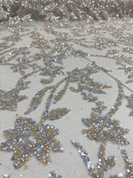 Load image into Gallery viewer, Gold &amp; Silver Floral Sequin Lace Fabric – Luxury Embroidered Mesh for Bridal Gowns, Wedding Dresses, Formal Wear, Evening Gowns
