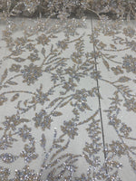 Load image into Gallery viewer, Gold &amp; Silver Floral Sequin Lace Fabric – Luxury Embroidered Mesh for Bridal Gowns, Wedding Dresses, Formal Wear, Evening Gowns
