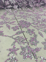 Load image into Gallery viewer, Lavender &amp; Silver Floral Sequin Lace Fabric – Luxury Embroidered Mesh for Bridal Gowns, Wedding Dresses, Formal Wear, Evening Gowns
