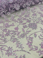 Load image into Gallery viewer, Lavender &amp; Silver Floral Sequin Lace Fabric – Luxury Embroidered Mesh for Bridal Gowns, Wedding Dresses, Formal Wear, Evening Gowns

