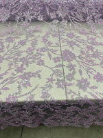 Load image into Gallery viewer, Lavender &amp; Silver Floral Sequin Lace Fabric – Luxury Embroidered Mesh for Bridal Gowns, Wedding Dresses, Formal Wear, Evening Gowns
