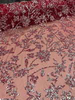 Load image into Gallery viewer, Red &amp; Silver Floral Sequin Lace Fabric – Luxury Embroidered Mesh for Bridal Gowns, Wedding Dresses, Formal Wear, Evening Gowns
