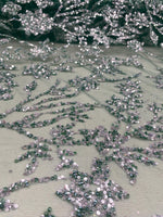 Load image into Gallery viewer, Emerald &amp; Silver Floral Sequin Lace Fabric – Luxury Embroidered Mesh for Bridal Gowns, Wedding Dresses, Formal Wear, Evening Gowns
