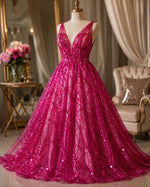 Load image into Gallery viewer, Fuchsia Beaded Sequin with pearls by the Yard, Glitter Mesh, Prom Dress Fabric
