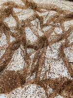 Load image into Gallery viewer, Brown Beaded Sequin with pearls by the Yard, Glitter Mesh, Prom Dress Fabric
