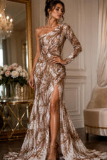 Load image into Gallery viewer, Brown Beaded Sequin with pearls by the Yard, Glitter Mesh, Prom Dress Fabric
