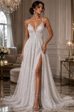 Load image into Gallery viewer, White Beaded Sequin with pearls by the Yard, Glitter Mesh, Prom Dress Fabric
