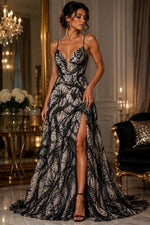Load image into Gallery viewer, Black Beaded Sequin with pearls by the Yard, Glitter Mesh, Prom Dress Fabric
