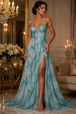 Load image into Gallery viewer, Teal Beaded Sequin with pearls by the Yard, Glitter Mesh, Prom Dress Fabric
