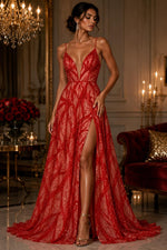 Load image into Gallery viewer, Red Beaded Sequin with pearls by the Yard, Glitter Mesh, Prom Dress Fabric
