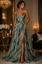 Load image into Gallery viewer, Hunter Green Beaded Sequin with pearls by the Yard, Glitter Mesh, Prom Dress Fabric

