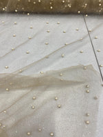 Load image into Gallery viewer, Pearl Beaded Champagne Mesh Fabric by Yard, Glitter Tulle for Bridal Gowns, Prom Dresses, Veils &amp; Event Decor

