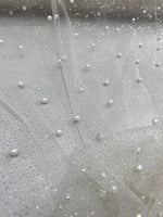 Load image into Gallery viewer, Pearl Beaded Ivory Mesh Fabric by Yard, Glitter Tulle for Bridal Gowns, Prom Dresses, Veils &amp; Event Decor
