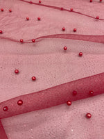 Load image into Gallery viewer, Pearl Beaded Red Mesh Fabric by Yard, Glitter Tulle for Bridal Gowns, Prom Dresses, Veils &amp; Event Decor
