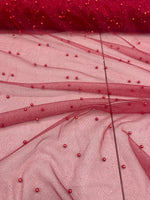 Load image into Gallery viewer, Pearl Beaded Red Mesh Fabric by Yard, Glitter Tulle for Bridal Gowns, Prom Dresses, Veils &amp; Event Decor
