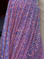 Load image into Gallery viewer, Pink iridescent Sequin Stretch Velvet Fabric – Sparkly Spandex for Dresses, Costumes, Dancewear &amp; Event Decor
