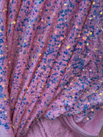 Load image into Gallery viewer, Pink iridescent Sequin Stretch Velvet Fabric – Sparkly Spandex for Dresses, Costumes, Dancewear &amp; Event Decor
