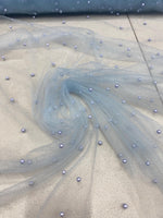 Load image into Gallery viewer, Pearl Beaded Blue Mesh Fabric by Yard, Glitter Tulle for Bridal Gowns, Prom Dresses, Veils &amp; Event Decor
