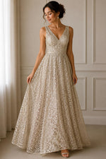 Load image into Gallery viewer, Taupe Web Sequin Fabric by the Yard – Embroidered Mesh Lace with Sparkle Sequins
