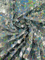 Load image into Gallery viewer, Silver Holographic Sequin Fabric on Mesh — Petal, Sold by the Yard, Bridal &amp; Evening Gown Fabric, Costume, Drag, Pageant Material
