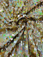 Load image into Gallery viewer, Gold Lazer Sequin Fabric on Mesh — Petal, Sold by the Yard, Bridal &amp; Evening Gown Fabric, Costume, Drag, Pageant Material
