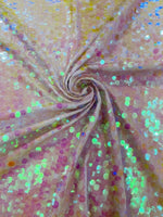 Load image into Gallery viewer, Clear Pink Iridescent Sequin Fabric on Mesh — Petal, Sold by the Yard, Bridal &amp; Evening Gown Fabric, Costume, Drag, Pageant Material
