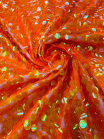 Load image into Gallery viewer, Beacon Orange IridescentSequin Fabric on Mesh — Petal, Sold by the Yard, Bridal &amp; Evening Gown Fabric, Costume, Drag, Pageant Material
