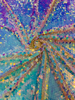 Load image into Gallery viewer, Aqua Pink Iridescent Sequin Fabric on Mesh — Petal, Sold by the Yard, Bridal &amp; Evening Gown Fabric, Costume, Drag, Pageant Material

