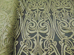 Load image into Gallery viewer, Olive Art Nouveau Sequin Damask Lace Mesh Back  52" Wide || Fabric by the Yard
