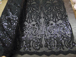 Load image into Gallery viewer, Black Art Nouveau Sequin Damask Lace Mesh Back  52" Wide || Fabric by the Yard
