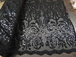 Load image into Gallery viewer, Black Art Nouveau Sequin Damask Lace Mesh Back  52" Wide || Fabric by the Yard
