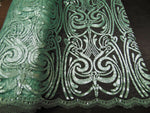 Load image into Gallery viewer, Mint Art Nouveau Sequin Damask Lace Mesh Back  52" Wide || Fabric by the Yard
