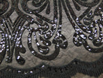 Load image into Gallery viewer, Black Art Nouveau Sequin Damask Lace Mesh Back  52" Wide || Fabric by the Yard
