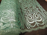 Load image into Gallery viewer, Mint Art Nouveau Sequin Damask Lace Mesh Back  52" Wide || Fabric by the Yard
