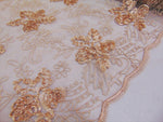 Load image into Gallery viewer, Taupe Floral Ribbon Embroidered Scalloped Edge Tulle Mesh 50" Wide || Fabric by the Yard
