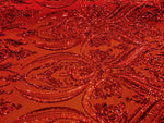 Load image into Gallery viewer, Red Victorian Egg Tulip Sequin Mesh 4-Way Stretch 55” Wide || Fabric by the Yard
