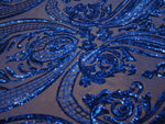 Load image into Gallery viewer, Royal Blue Victorian Egg Tulip Sequin Mesh 4-Way Stretch 55” Wide || Fabric by the Yard
