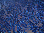 Load image into Gallery viewer, Royal Blue Victorian Egg Tulip Sequin Mesh 4-Way Stretch 55” Wide || Fabric by the Yard
