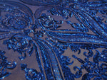 Load image into Gallery viewer, Royal Blue Victorian Egg Tulip Sequin Mesh 4-Way Stretch 55” Wide || Fabric by the Yard
