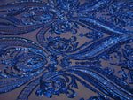 Load image into Gallery viewer, Royal Blue Victorian Egg Tulip Sequin Mesh 4-Way Stretch 55” Wide || Fabric by the Yard
