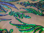 Load image into Gallery viewer, Iridescent Green Black Mesh Victorian Egg Tulip Sequin Mesh 4-Way Stretch 55” Wide || Fabric by the Yard
